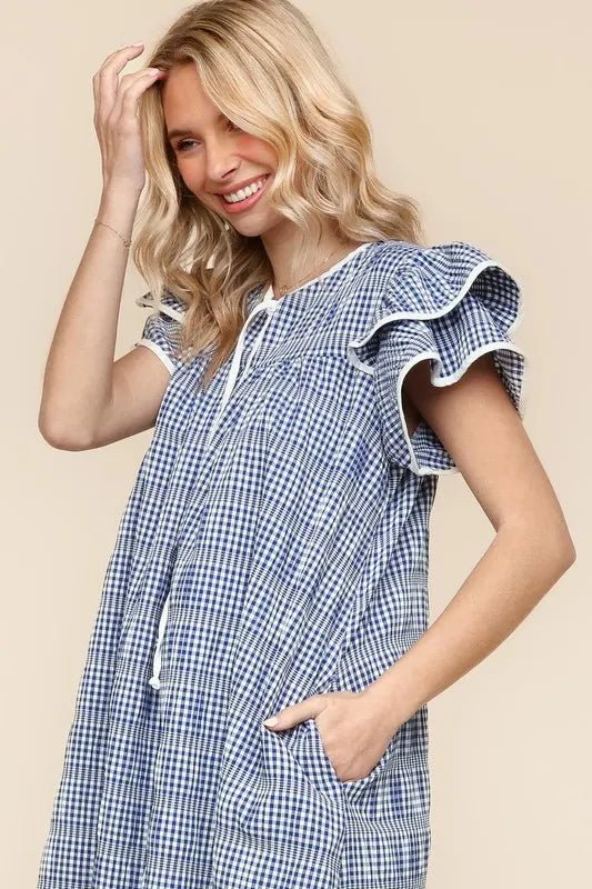 Haptics - Blue Gingham Flutter Sleeve Mini Dress with Tie Neck
