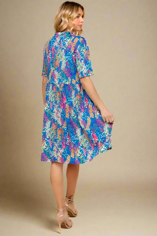 Haptics - Bold Blue Floral Collared Babydoll Mini Dress