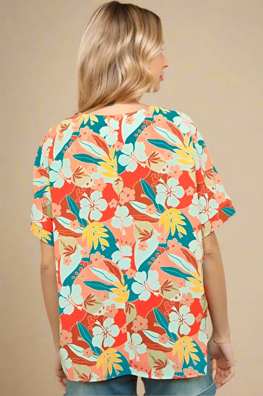 Haptics - Tropical Hibiscus V - Neck Blouse – Coral Multi