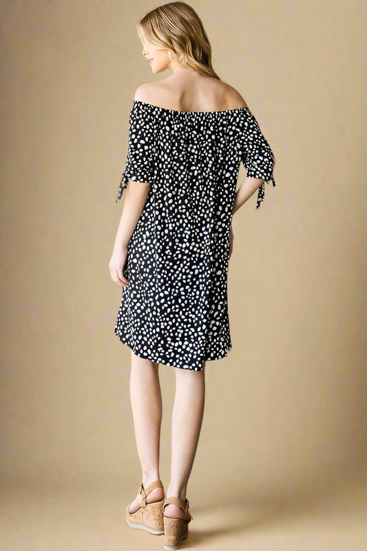 Heimish - Animal Print Off - Shoulder Mini Dress in Black & Ivory