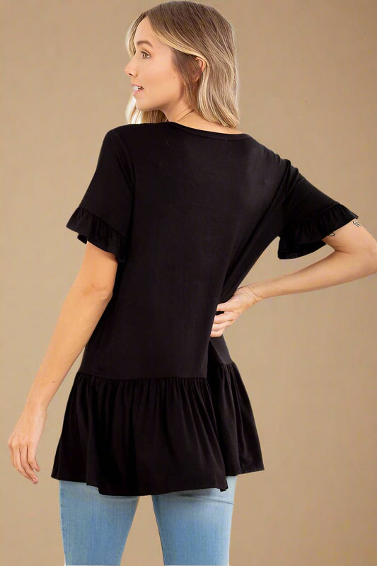 Heimish - Black V - Neck Short Sleeve Peplum Blouse