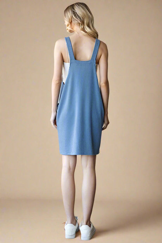 Heimish - Denim Blue Rib Knit Mini Overall Dress