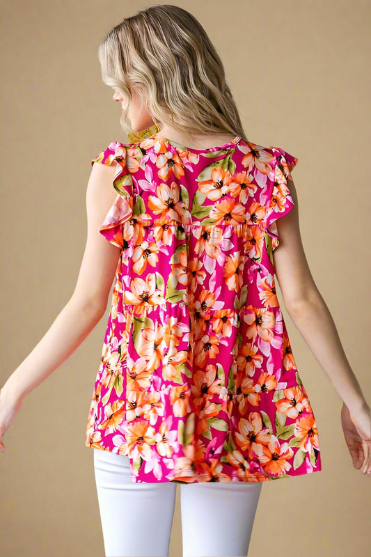 Heimish - Floral Butterfly Sleeve Tiered Top in Fuchsia