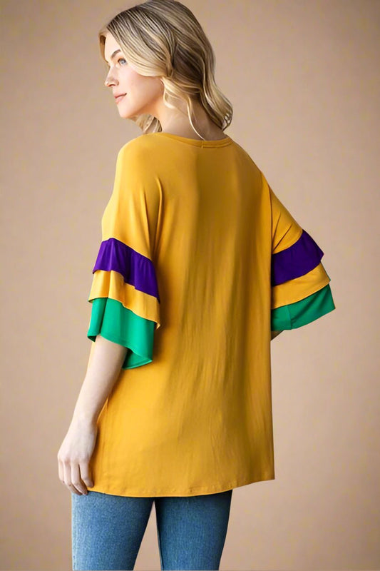 Heimish - Gold Color Block Ruffled Half Sleeve Top