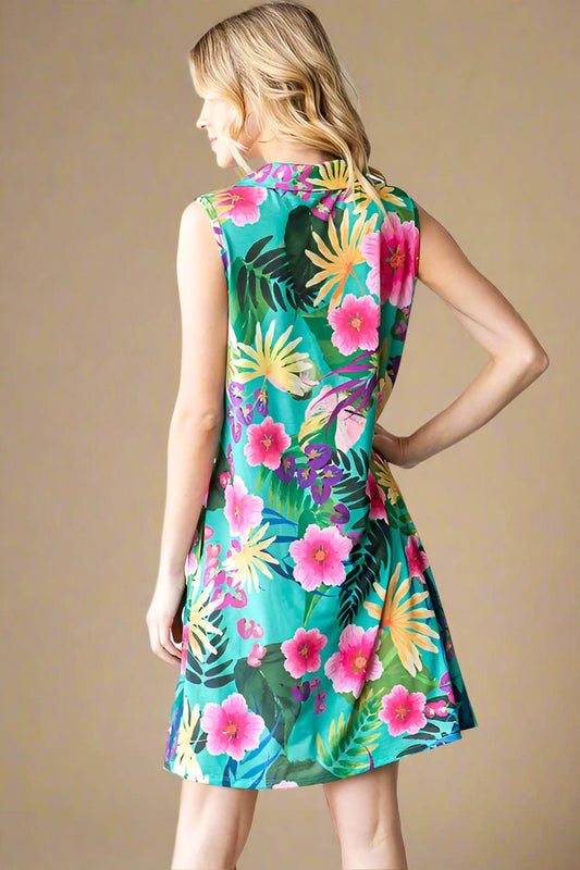 Heimish - Green Floral Johnny Collar Sleeveless Mini Dress