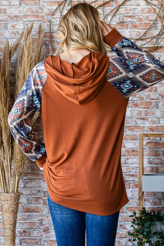 Heimish - Half Button Printed Long Sleeve Hooded Top in Mocha Brown