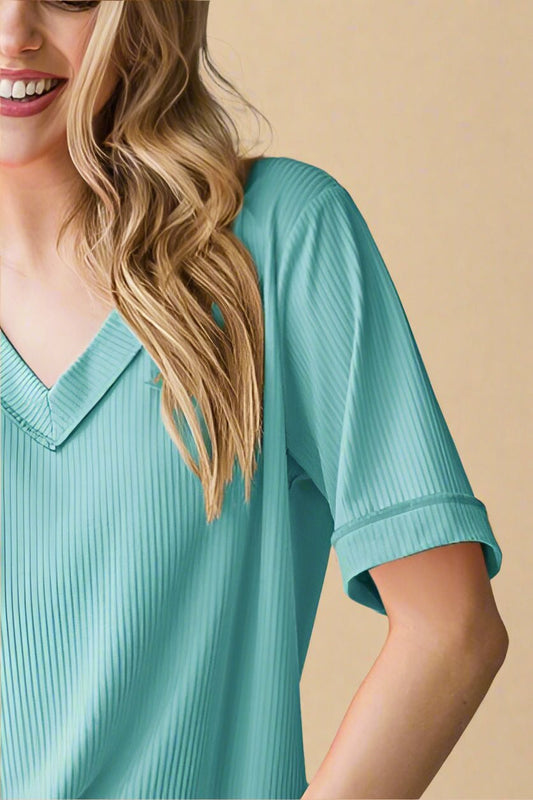 Heimish - Mint Blue V - Neck Half Sleeve T-Shirt