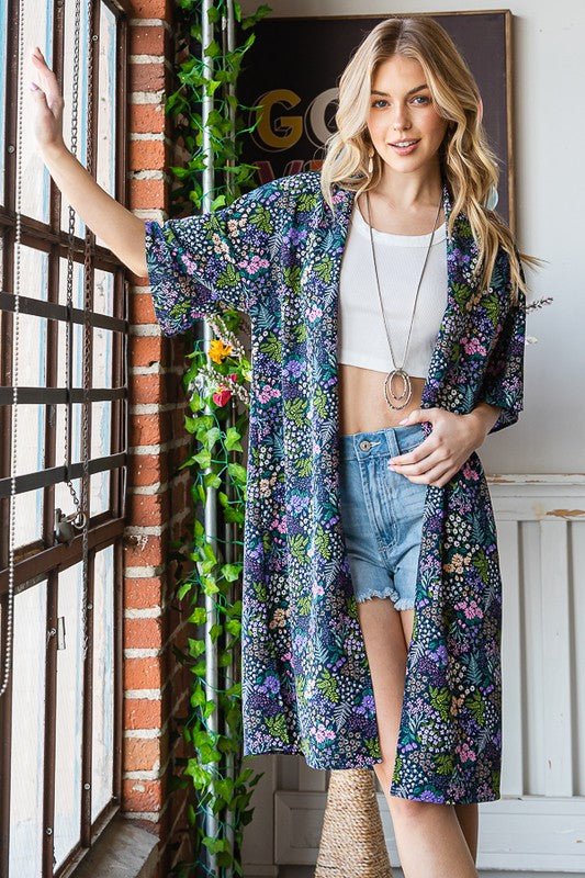 Heimish - Navy Floral Half Sleeve Floral Kimono Cover - Up