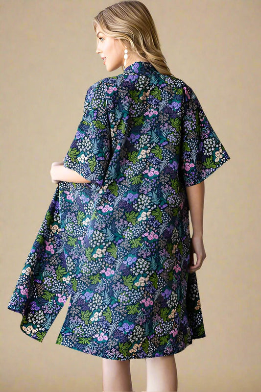 Heimish - Navy Floral Half Sleeve Floral Kimono Cover - Up