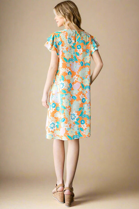 Heimish - Orange Floral Short Sleeve Mini Dress
