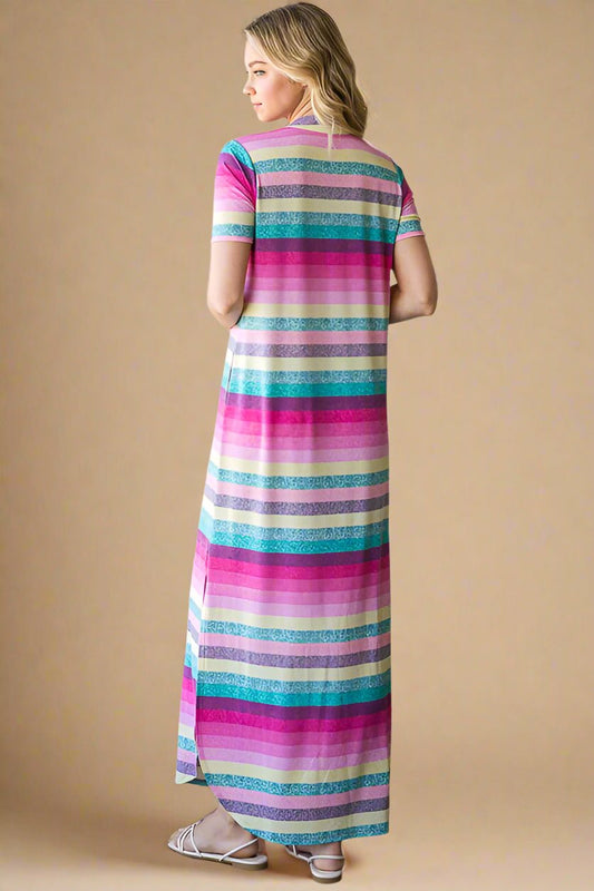 Heimish - Pink Multi Striped Short Sleeve Maxi Tee Dress