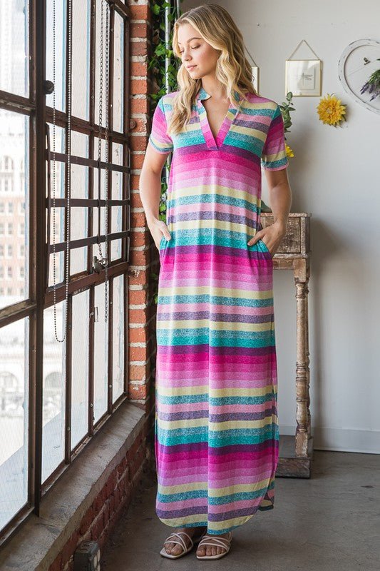 Heimish - Pink Multi Striped Short Sleeve Maxi Tee Dress