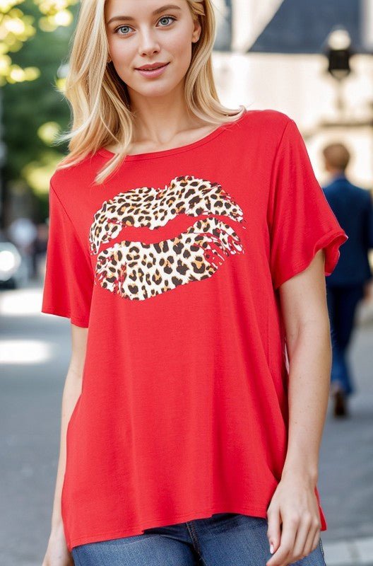 Heimish - Red Leopard Print Lips Graphic T-Shirt
