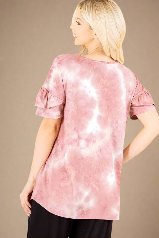 Heimish - Ruffled Sleeve Tie Dye Top in Ivory & Mauve