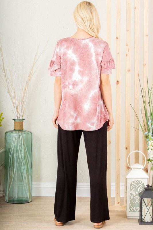 Heimish - Ruffled Sleeve Tie Dye Top in Ivory & Mauve