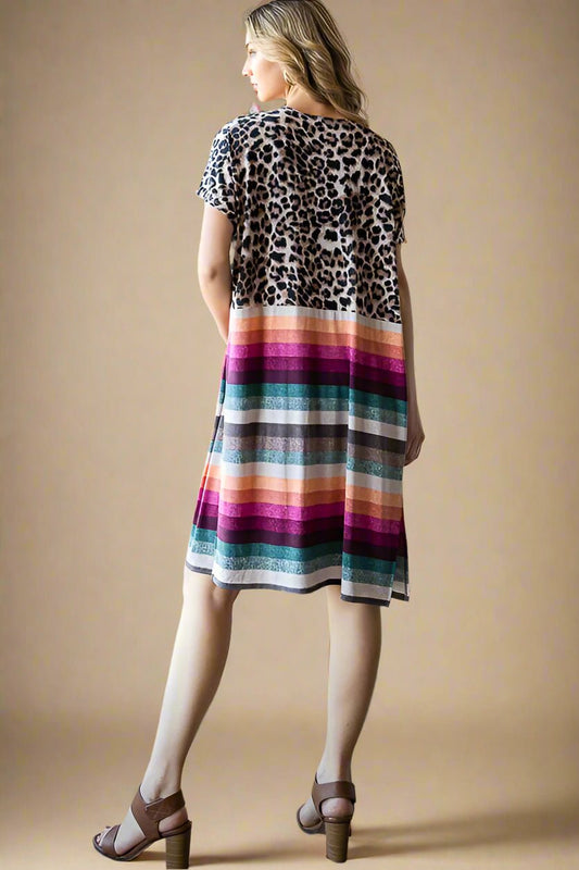 Heimish - Striped Leopard Print Short Sleeve Cover - Up