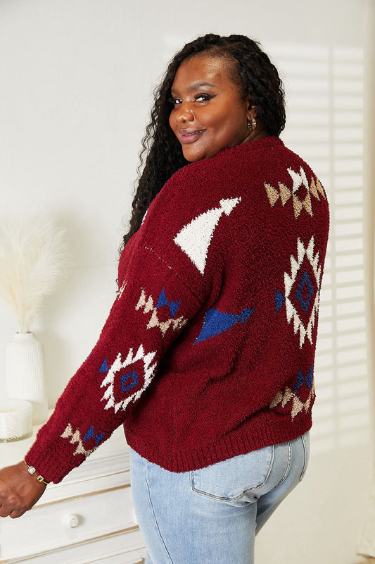 HEYSON - Aztec Pattern Soft Fuzzy Sweater in Burgundy