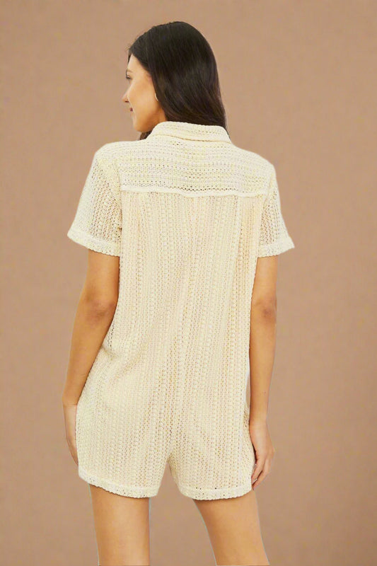 HEYSONShort Sleeve Crochet Romper in Beige