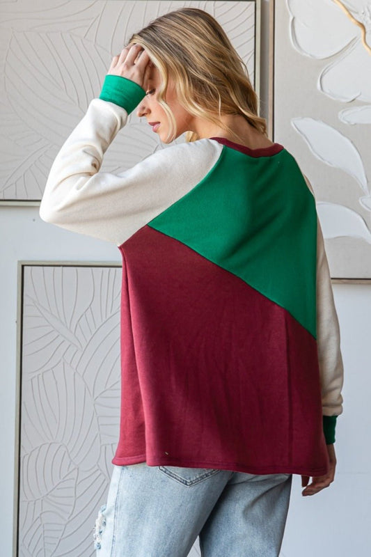HOPELY - Color Block Long Sleeve T-Shirt in Kelly Green Burgundy