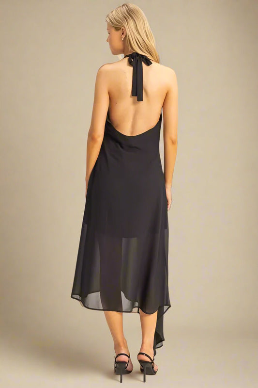 HYFVE - Black Halter Neck Sheer Hem Midi Dress