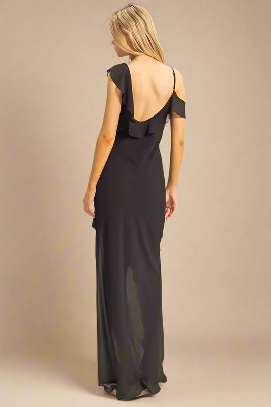 HYFVE - Black One Shoulder Ruffle Maxi Dress
