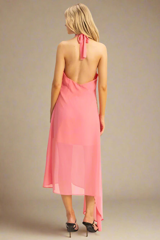 HYFVE - Bright Coral Pink Halter Neck Sheer Hem Midi Dress