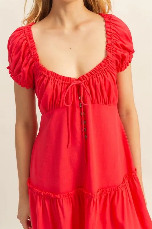 HYFVE - Bright Red Ruched Tiered Mini Dress