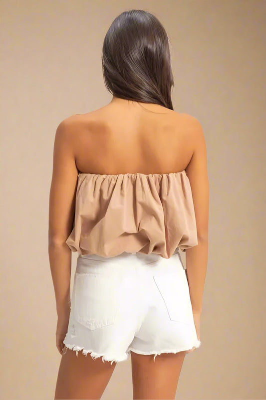 HYFVE - Bubble Hem Strapless Crop Top in Mocha
