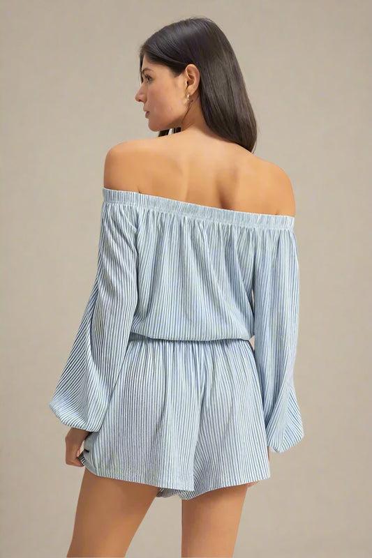 HYFVE - Chambray Stripe Off Shoulder Shorts Set