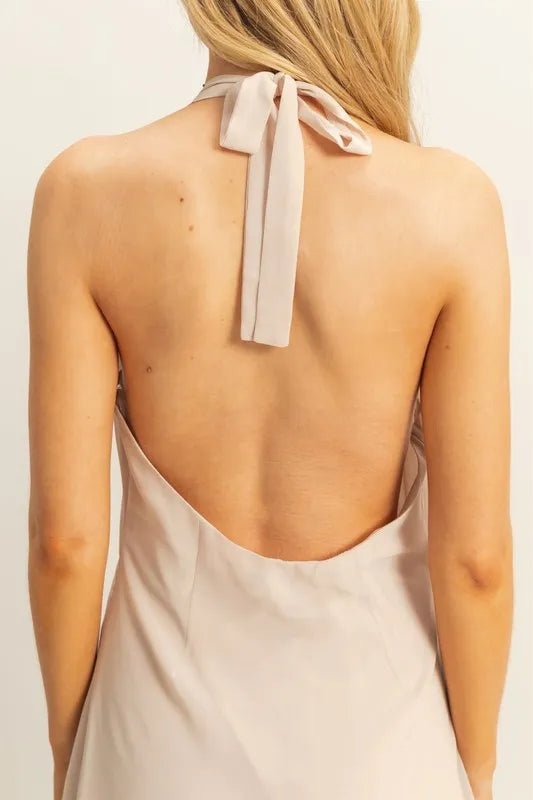 HYFVE - Champagne Beige Halter Neck Sheer Hem Midi Dress