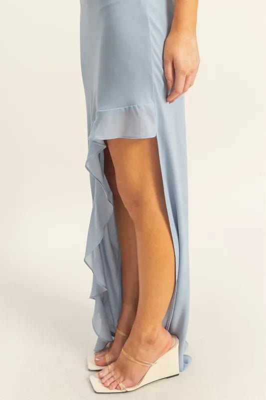 HYFVE - Dusty Blue One Shoulder Ruffle Maxi Dress