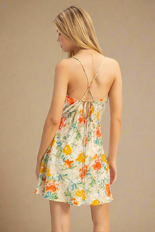 HYFVE - Ivory & Floral Multicolor Cowl Neck Mini Dress