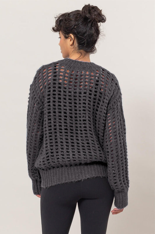 HYFVE - Long Sleeve Crochet Knit Top in Charcoal