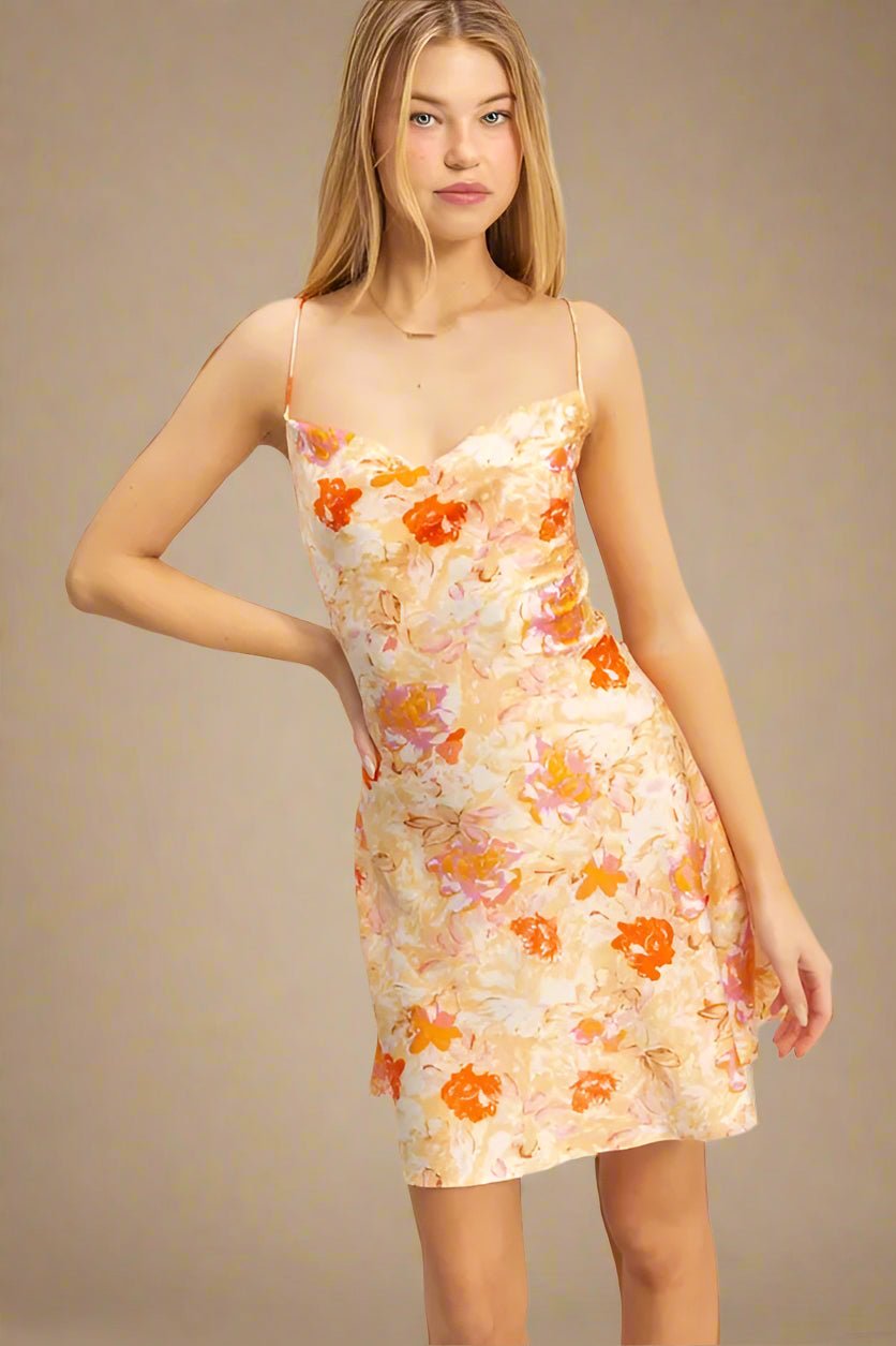 HYFVE Peach & Floral Multicolor Cowl Neck Mini Dress  Beach Rose Co.