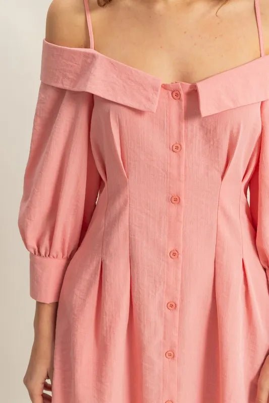 HYFVE - Peony Pink Off - Shoulder Button Mini Dress