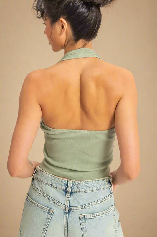 HYFVE - Ribbed Halter Button Tank in Sage