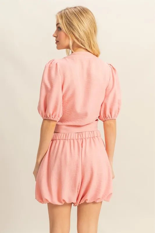 HYFVE - Rose Pink Puff Sleeve Tie - Front Set with Bubble Shorts