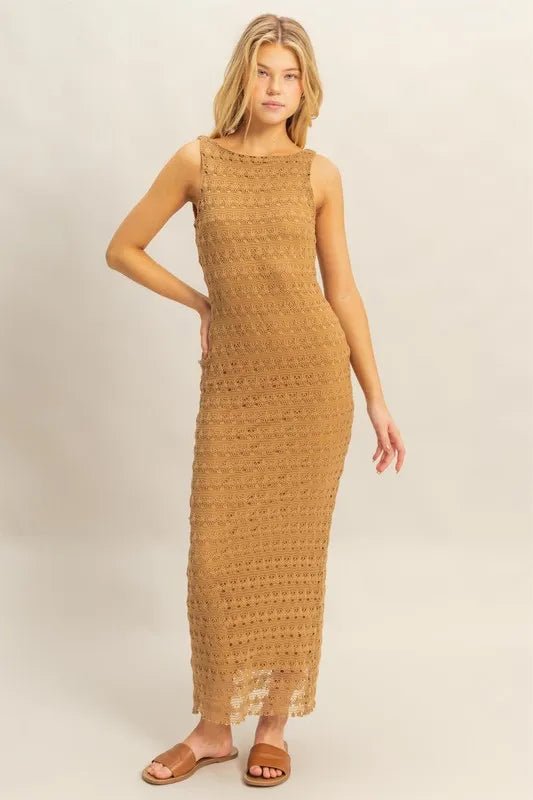 HYFVE - Sleeveless Crochet Knit Maxi Dress in Golden Camel