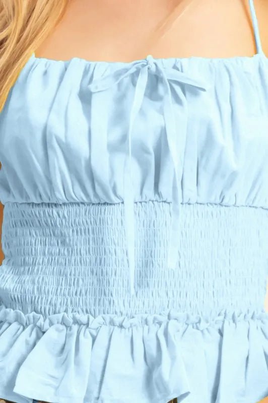 HYFVE - Smocked Peplum Spaghetti Strap Top in Soft Sky Blue