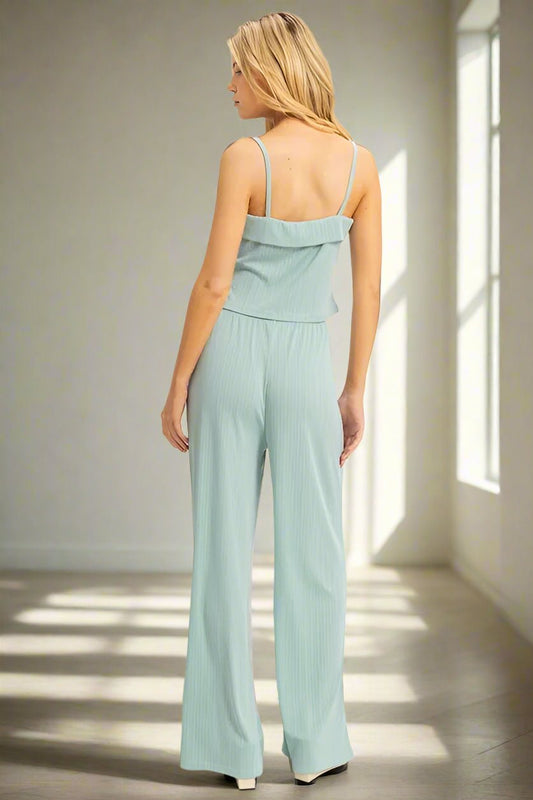 HYFVE - Soft Aqua Rib Knit Lounge Set with Wide Leg Pants