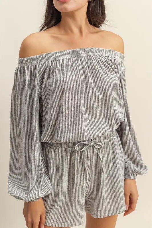 HYFVE - Soft Charcoal Stripe Off Shoulder Shorts Set
