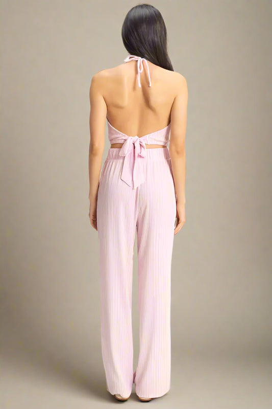 HYFVE - Striped Crop Halter Pants Set in Soft Pink & White