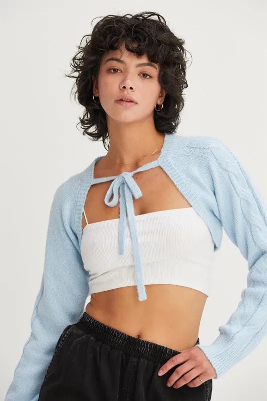 HYFVE - Tie - Front Shrug Knit Bolero in Soft Sky Blue