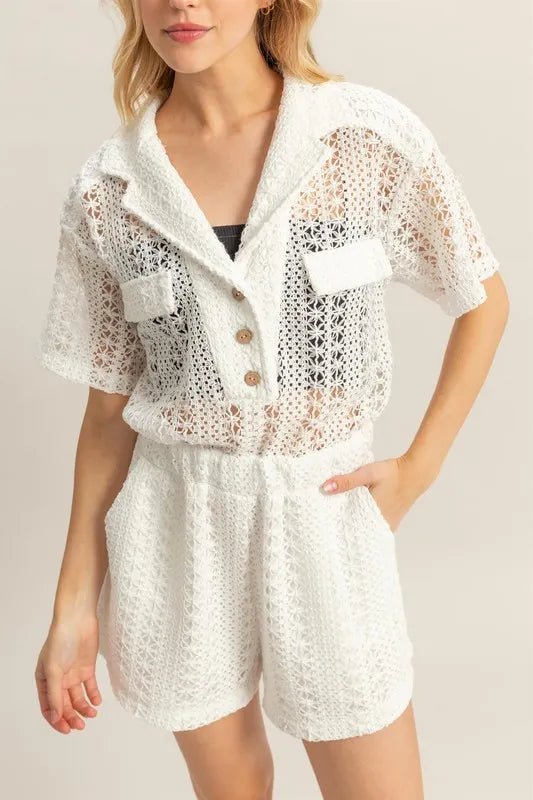 HYFVE - White Crochet Button - Up Romper