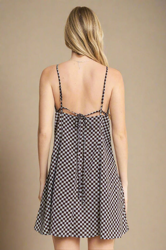 Jade By Jane - Brown & Sky Blue Checkered Button Front Spaghetti Strap Mini Dress