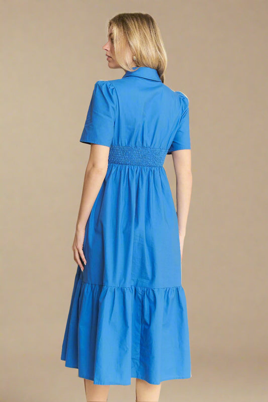 Jade By Jane - Cobalt Blue Smocked Waist Button Down Midi Dress
