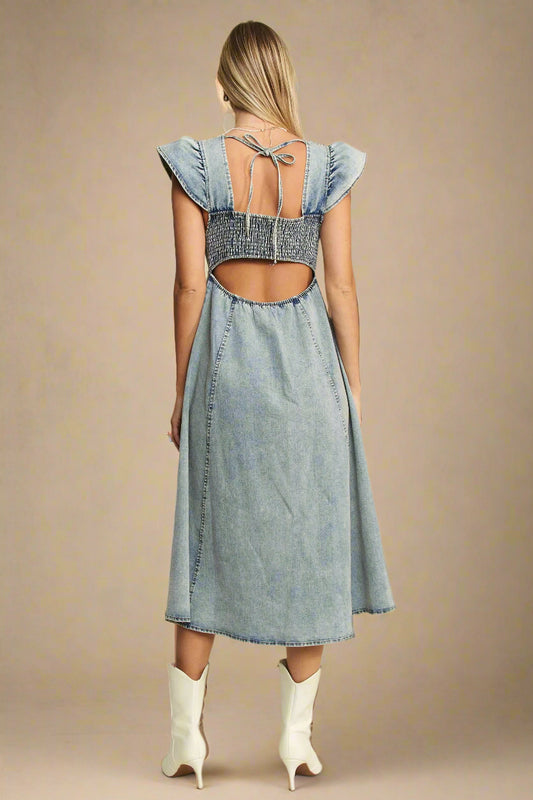 Jade By Jane - Light Wash Denim Square Neck Midi Dress with Pockets