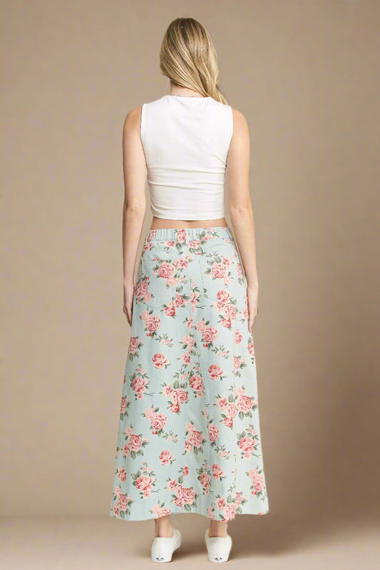 Jade By Jane - Mint Floral Print Denim Maxi Skirt with Front Slit