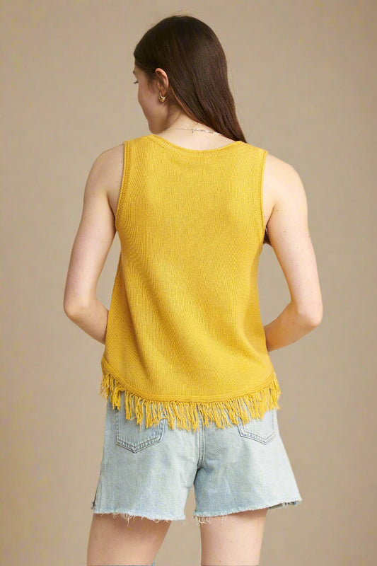 Jade By Jane - Mustard Smiley Face Knit Tank with Fringe Hem