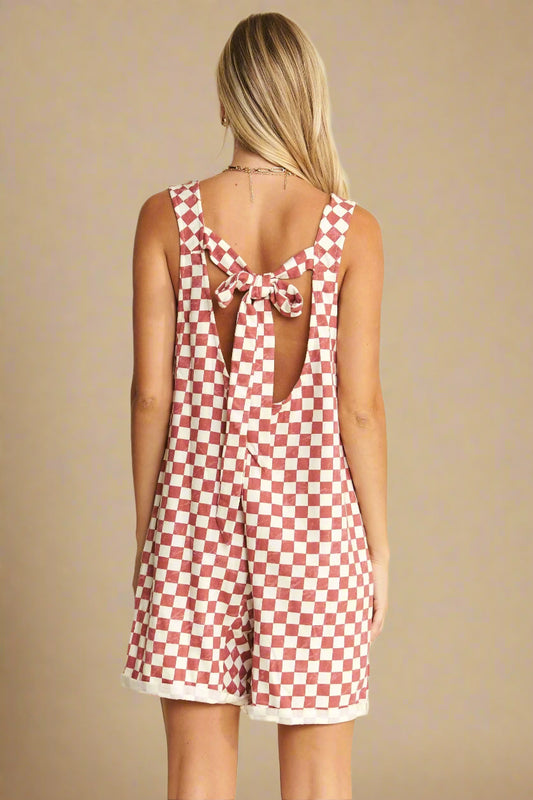 Jade By Jane - Plus Size Red & White Checkered Sleeveless Romper with Pockets